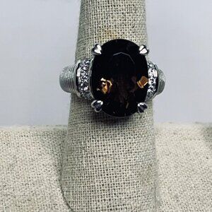 Judith Ripka Sterling Silver Smokey Quartz And Clear CZ Statement Ring (R458)